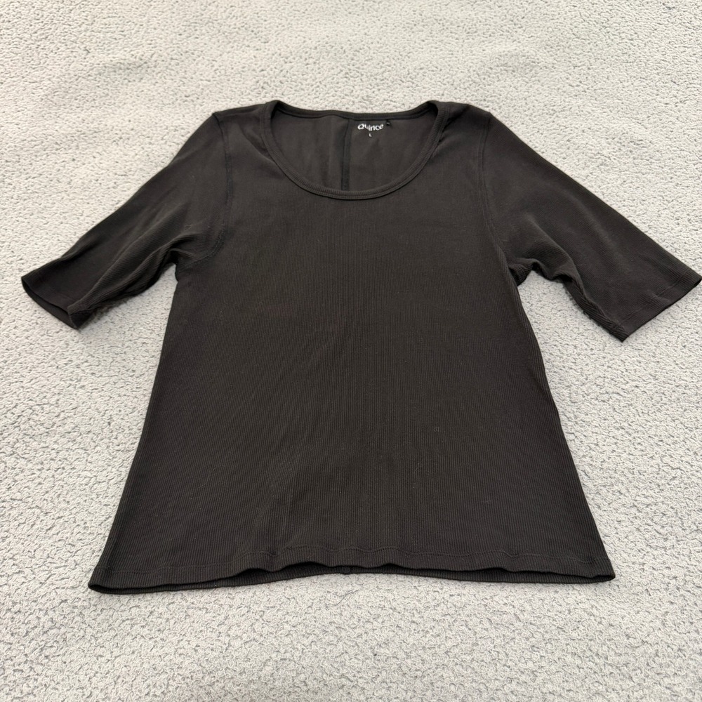Quince Womens Size L Black Organic Cotton Rib Scoop Neck Elbow Sleeve Tee Top